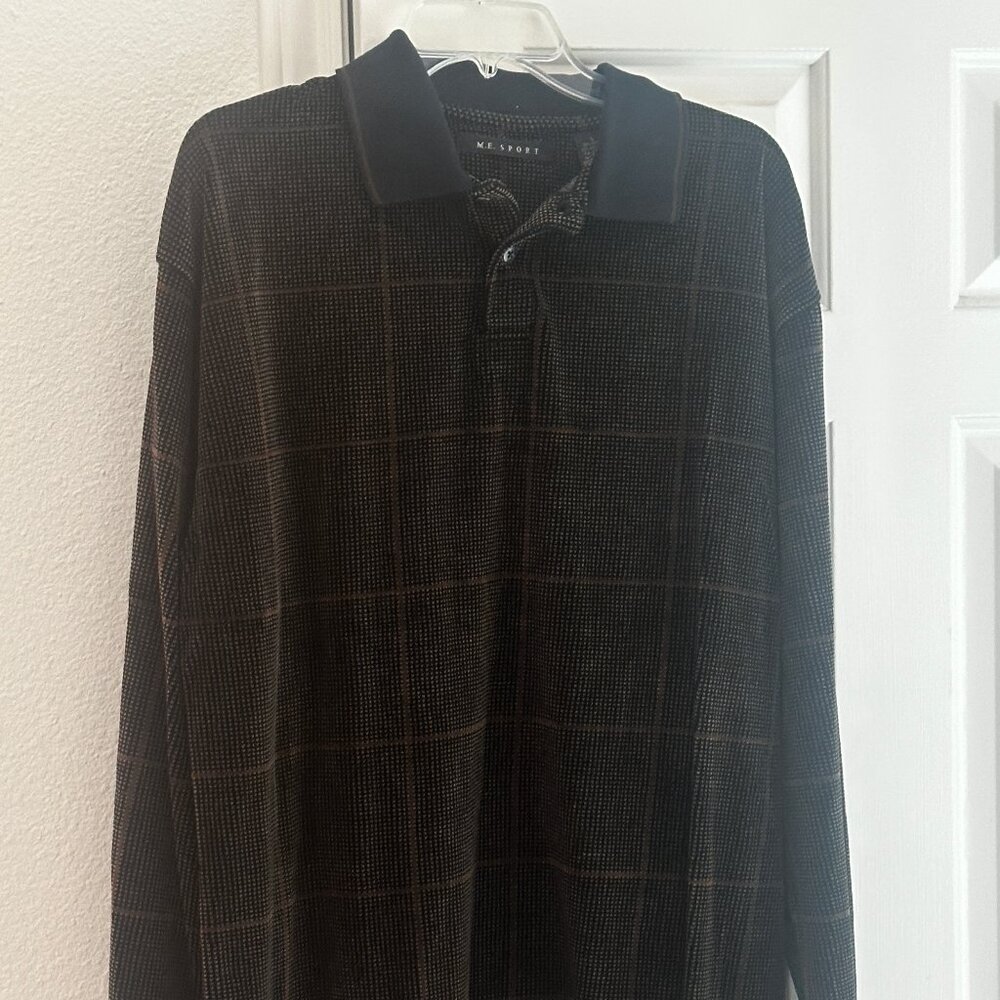VTG M.E. Sport Men’s Velour LS Polo Pullover Crosshatch Pattern Blk/Brn Size L